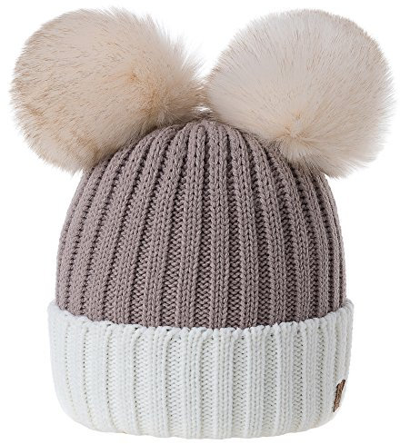 MFAZ Morefaz Ltd Damen Winter Beanie Strickmütze Mütze Doppelt Bommel Pom Pom Wurm SKI Mütze (Ecru Cacao)