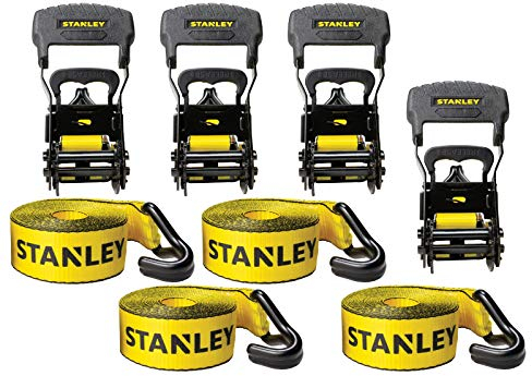 STANLEY S10074 Lot de 4 Sangles d'arrimage à cliquet 3,8 cm x 4,88 m - pour sécurisation de Charges Lourdes (résistance à la Rupture de 1 500 kg) – Noir/Jaune