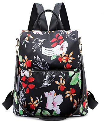 FANDARE Damen Rucksack Mädchen Schultasche Schultertasche Handtasche Anti-Diebstahl Schulrucksack Reise Campus Schulranzen 3 in 1 Rucksäcke Wasserdicht Nylon Schwarze Blume