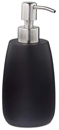 Relaxdays Seifenspender 300 ml, nachfüllbar, Bad, Küche, Flüssigseifenspender, rund, Polyresin, Edelstahlpumpe, schwarz
