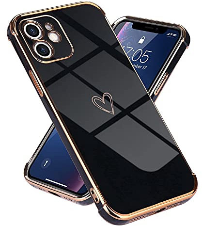 Micoden for iPhone 12 Case Cute Girls Silicone Heart Pattern Design Case Fashion Plating Edge Ultra Thin Shockproof Protective Bumper Phone Case for iPhone 12 Black