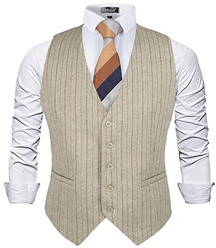 Alizeal Mens Plaid Tweed Business Suit Vest Regular Fit Tuxedo Waistcoat, Beige-XL