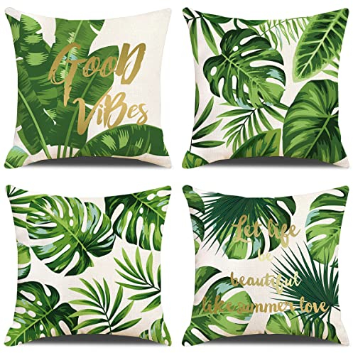 ZHAOMIMI 4er Set Dekorativ Kissenhülle Baumwolle Leinen Kissenbezug Dekokissen Sofakissen für Couch, Auto, Schlafzimmer 45x45 cm (Sommer Grün Blätter)