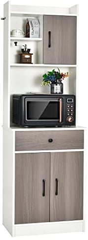 COSTWAY Mobile Cucina con 3 Ante e Credenza, Dispensa Cucina con Cassetto, con Foro per Cavi e Ripiani Regolabili, Ampio Spazio Aperto per Microonde, 60 x 40 x 180 cm (Bianco)