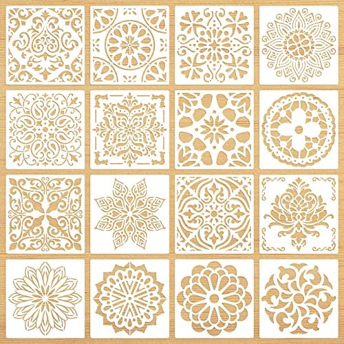 Mandala Schablonen,16 Stück Blumen Malschablone,wiederverwendbare Muster Schablonen,Zeichenschablonen Kinder für DIY Handwerk Malen auf Holz, Stein, Stoffen Metall Möbeln und Wandschablone