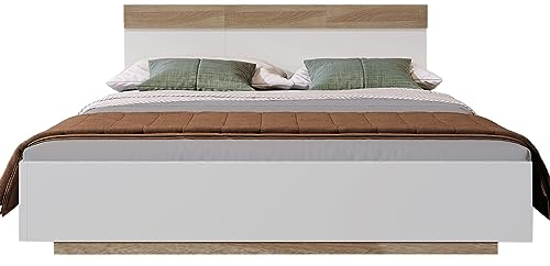 FEZTOY Doppelbett Bettanlage Schwebebett, Holzbett mit Kopfteil aus Bettgestell &Lattenrost, 180x200, in Eiche Sonoma/Weiß, Ohne Matratze