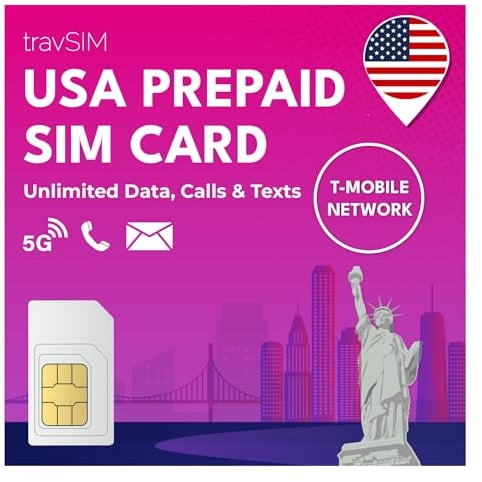travSIM USA SIM Karte | T-Mobile Netz | Unbegrenzte Daten, Anrufe & Texte in den USA | SIM Karte USA funktioniert auf iOS & Android Geräten | SIM USA 30 Tage