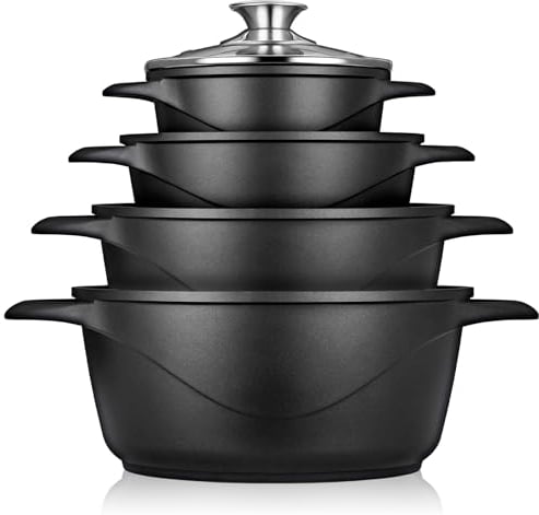 briebe Topfset Induktion 8-Teilig, Kochtopf Set 4 Töpfen aus Aluminiumguss, Antihaftbeschichtung ILAG GRANITEC ohne PFOA, Deckeln aus Glass, Topfhandschuhe Silikon, Glaskeramik, Gas, Ofen, MGK-12