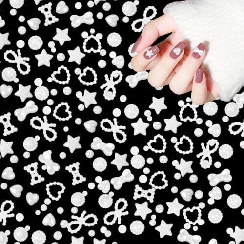 3D Pearl Nail Charms,500 Pcs Pearls Nail Art Charms Love Heart Star Bow Nail Art Decorations Nail Gems Accessories for Nail Design DIY Jewellery Making