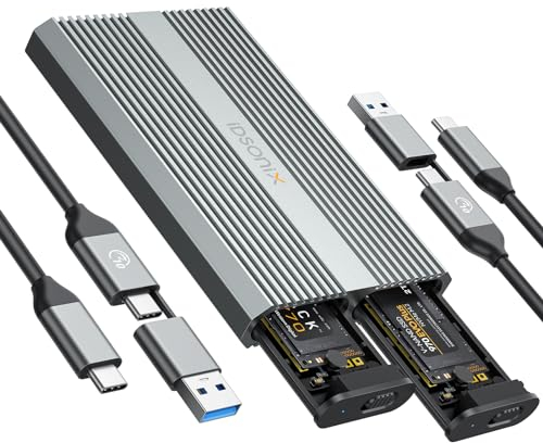 iDsonix Dual-Bay M.2 NVMe SSD Gehäuse(2 Kable), 10Gbps Aluminum USB C to M.2 SSD Adapter for M Key & B+M Key Tool-Free with UASP & Trim Up to 2X4TB