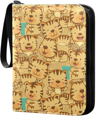 Funny Tiger Cartoon Sammelkartenalbum 4 Taschen Kartenordner 50 Seiten 400 Karten PU Reißverschluss Kartenbinder Aufbewahrungshalter für Sportspielkarte