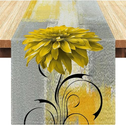 Tischläufer Modern Frühling Leinen Gelb und Grau Blumen Tischläufer Boho Abstrakt Minimalistisch Tischdeko für Party Urlaub Küche Bankett Hochzeit 33 x 183 cm Outdoor