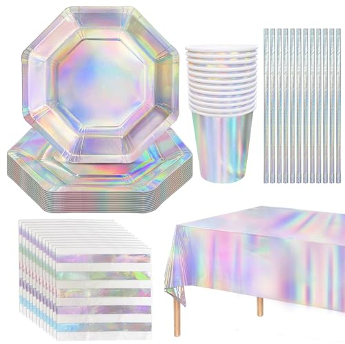 49 PCS Iridescent Party Supplies Disposable Paper Plates Cups Napkins Straws and Tablecloth Set Perfect for Unicorn and Mermaid Themed Events Weddings or Birthdays Serves 12 Guests