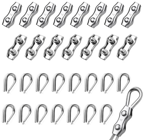 Nadisean 10 Pièces Serre Cable Acier 4mm + 10 Pièces Câbles Cosses, Serre Cable Inox, Serre-Câbles Duplex, Pinces De Câble Métalliqu en Acier Inoxydable 304 Pour Cable Acier 2-3mm, Corde à Linge
