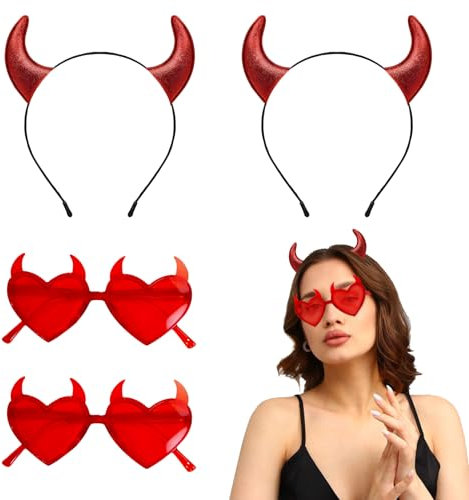 SANLIUSANJIU 4pcs Halloween Haarreif Glitzer Teufelshörner Haarreif, Liebe Herz Haarreifen Partybrille Set, Rot Karneval Amor Kostüm Brille Zubehör für Hochzeit Foto Requisiten Kostüm Party