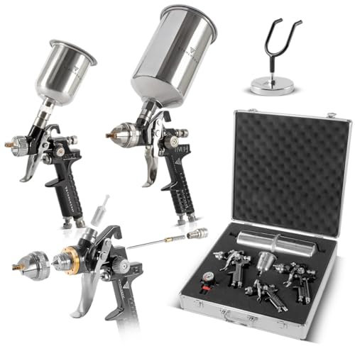 STAHLWERK HVLP Lackierpistolen Set SGS-1125 ST 21 Teile mit 3 Druckluft Lackierpistolen, 0,8/1,4/1,7 mm Düsensatz, Lackierpistolen-Halter, Aluminium-Koffer UVM Spritzpistole/Sprühpistole