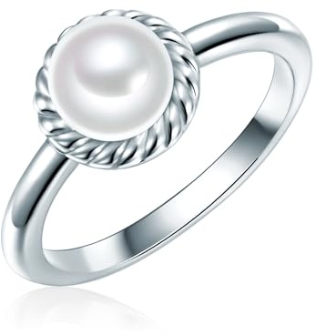 Valero Pearls Damen Ring 925/- Sterling Silber | rhodiniert, Perlenring, Zirkonia, weiß, Süßwasser-Zuchtperle, ca. 7,0 - 8,0 mm, weiß, button