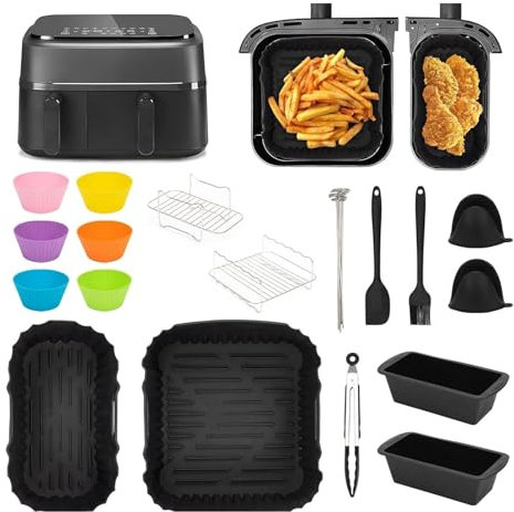 11 PCS Air Fryer Accessories, Airfryer Accessories, 3L+ 6L Double Stack Air Fryer Liners, Air Fryer Baskets, Grilling Rack, Gloves, Oil Brush, Food Clip