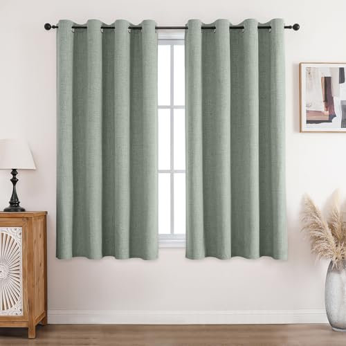 CUCRAF Vorhang 100% Blickdicht Leinen Gardinen mit Ösen Verdunklungsvorhänge Gardinen Graugrün H117 x B137 cm 2er Set, Thermovorhang Kälteschutz Schallschutz Vorhang für Wohnzimmer Schlafzimmer