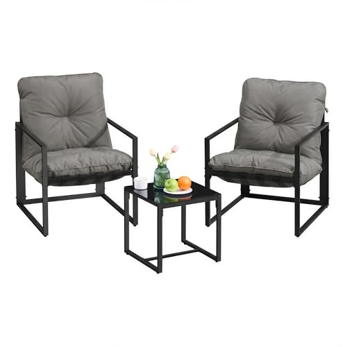 SONGMICS Gartenmöbel-Set, 3-teilig, Balkonmöbel, 2 Stühle, 1 Tisch und 1 Bank, Terrassenmöbel, Stahlgestell, gepolsterte Kissen, für Garten, Terrasse und Balkon, grau GGF039GZ01