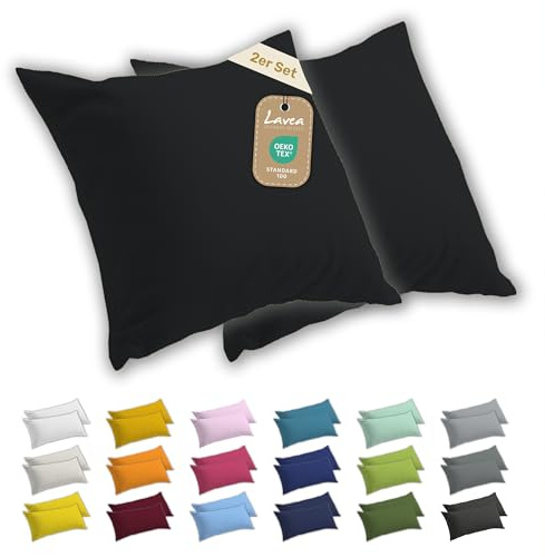 Lavea® 2er Set Kissenbezug 60x60 - Schwarz | 100% Baumwolle Jersey – Weiche Kissenhülle & Kopfkissenbezüge, OEKO-TEX® Standard