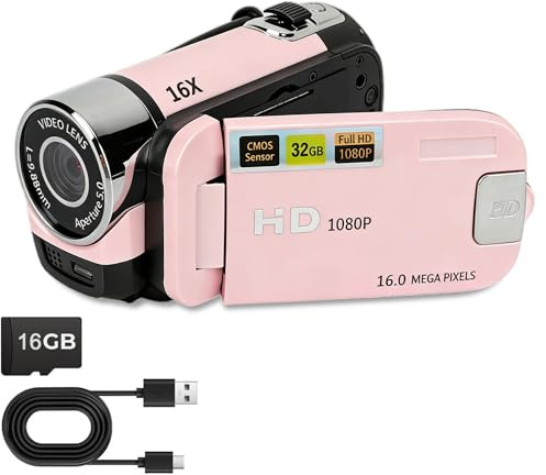 Camcorder Video Camera 1080P 16MP Digital Camera,Vlogging Camera with 2.7 Inch 270° Rotating Screen,16X Digital Zoom,LED Fill Light,Rechargeable DV Camera with 16GB SD Card for Kids Travel Recording