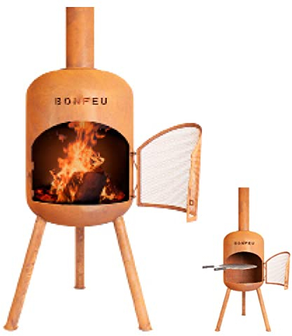 BonFeu BonBono Rost - Terrassenofen - Feuerstelle mit Funkenschutz für entspannte Abende - Feuersäule Outdoor - Terrassenkamin mit Grillrost - Gartenofen aus hochwertigem Cortenstahl - 45x45x165cm