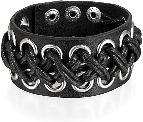 JewelryWe Schmuck Herren Lederarmband, Punk Rock Breit Criss Kreuz geflochten Leder Armband Armreif Manschette, verstellbare Größe, Schwarz