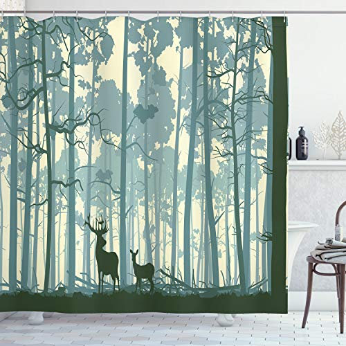 ABAKUHAUS Hirsch Duschvorhang, Tiere in nebligen Wald, Stoffliches Gewebe Badezimmerdekorationsset mit Haken, 175 x 240 cm, Schwarz Weiß Grau