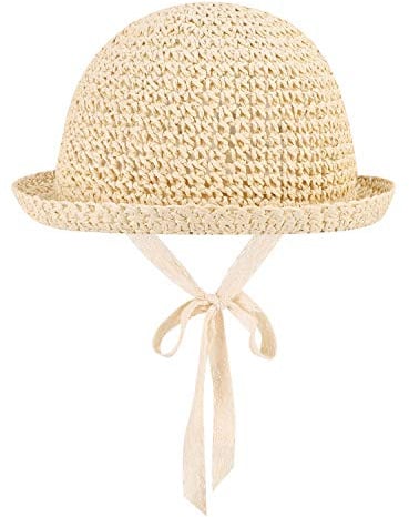 IBLUELOVER baby barn sommar halm solhatt rulla upp panamahatt utomhus UV-skydd vikbar strandhatt med härlig spets hakrem för pojkar flickor 2-7 år