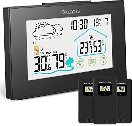 Quntis Stazione Meteorologica con 3 Sensore Esterno, Wireless Touch Screen Termometro Igrometro Digitale Casa, con Temperatura,Umidità,Previsioni Meteo,Ora Locale,Sveglia- Nero