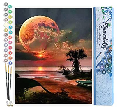 Figured'Art Peinture par Numéro Adulte Ponton et grosse lune - Activité Manuelle Kit de Loisir Créatif DIY Numéro d'Art Complet - 40x50cm sans châssis en bois