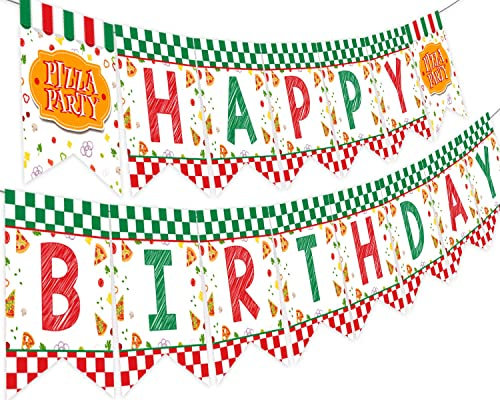 Pizza Happy Birthday Banner, Pizza Time Theme Party Decorations - Red and Green Fast Food Pizza Slice Bunting Banner for Kids’ 1st 2nd 3rd Birthday Party Supplies