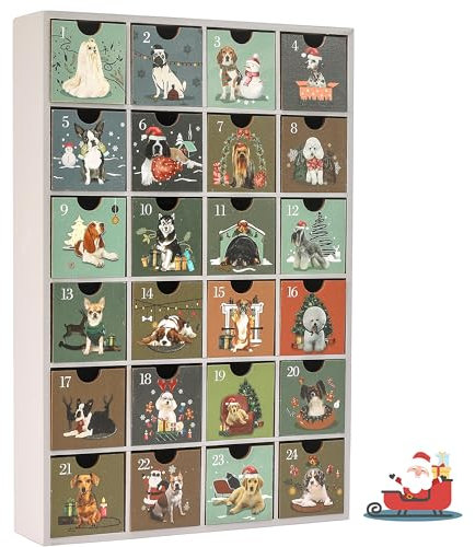SUNGIFT Adventskalender aus Holz, Hund Holz Wiederverwendbar Adventskalender mit 24 Schubladen, 13 Zoll Countdown bis Weihnachten leer nachfüllbarer Adventskalender zum Befüllen 2023