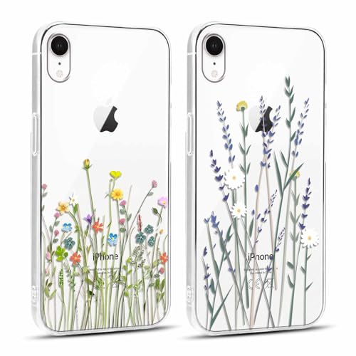 Yoedge 2 Stück Handyhülle für iPhone XR Hülle, Transparent Blumen Muster Mädchen Aesthetic Flowers Handyhülle Dünn Weich Durchsichtig Schlanke Silikon Slim TPU Stoßfest Schutzhülle für iPhone XR 6,1