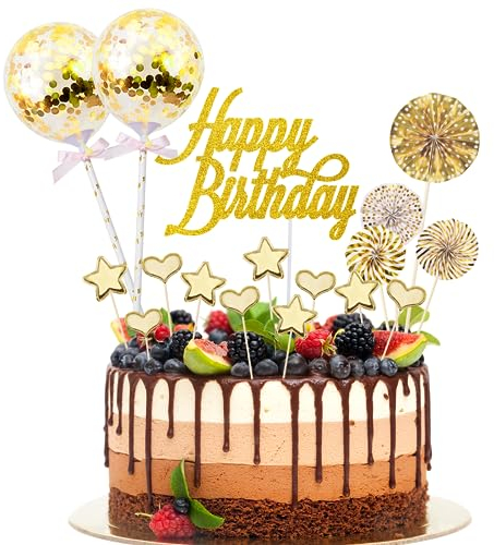 17 Stück Tortendeko Geburstagstorte, Happy Birthday Kuchendeko, tortendeko Gold, Glitter Cake Topper Happy Birthday, Cupcake Topper mit Sternen Liebe Konfetti-Luftballons und Papierfächer