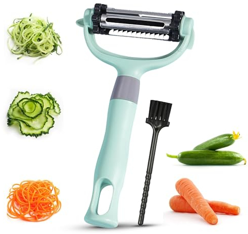 BuyBrilliance Pelador de verduras 3 en 1, de acero inoxidable, hoja giratoria, para frutas, verduras, patatas, zanahoria, pepino, fácil agarre, pelador en Y, pelador ultra afilado para cocina