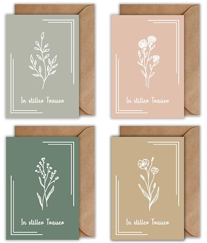 WBdesignz Trauerkarten 4er Set mit Umschlägen – stilvolle Karten In stiller Trauer mit floralen Illustrationen - hochwertige Beileidskarten - Kondolenzkarte (DIN A6)
