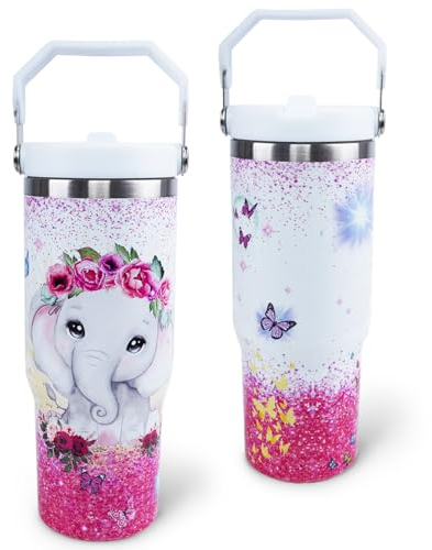 XUEHUAPIAOPIAO Tasse éléphant de 887 ml avec poignée à rabat et paille anti-fuite – Cadeau d'éléphant pour femme – Gobelet de 887 ml – Tasse à café de voyage – Cadeau d'anniversaire pour femme, amie
