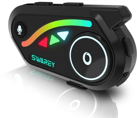 SWAREY Motorcycle Intercom, 2-Way 1000M Motorbike Intercom with Music Sharing, Noise Cancellation, FM Radio, IP67 Waterproof Helmet Bluetooth Headset for Riding Skiing Cycling (1 Pack)
