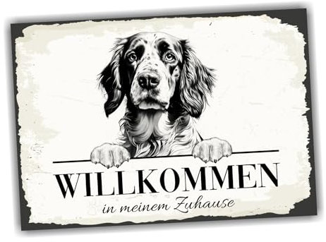 siviwonder Hundeschild Willkommen Zuhause English Setter Dog Schild Spruch Türschild Warnschild Jagd Geschenkidee schöner Spruch Hundemotiv Aluminium Wetterfestes Hundeschild