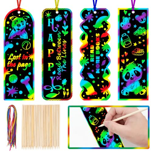 GOMANCHE 40 Sets Scratch Art for Kids, 4 Styles Magic Rainbow Bookmarks Craft Kit, Scratch Paper Art Sets for Students Party Bag Fillers