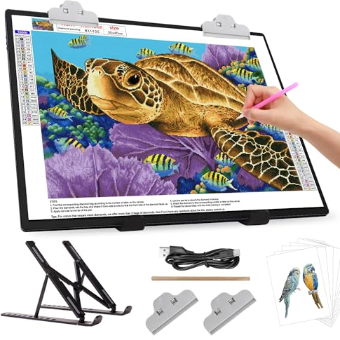 Wiederaufladbarer A3-Lichtkasten mit Ständer/Clips, LED-Lichtpad mit 3000-mAh-Akku, 3 Farben dimmbar und 6-stufiger Dimm-Leuchttisch für Diamantmalerei, Zeichnen, Skizzieren, Tätowieren, Vinyl-Jäten