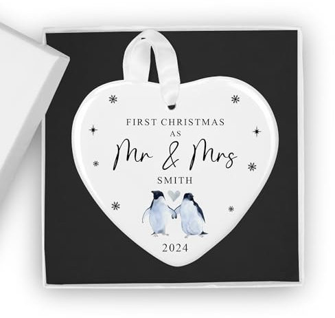 Personalised First Christmas as Mr & Mrs Ceramic Bauble Ornament with Penguin Couple – Custom Newlywed 1st Xmas Tree Decoration Keepsake Gift Boxed - Add Names & Year (Heart)