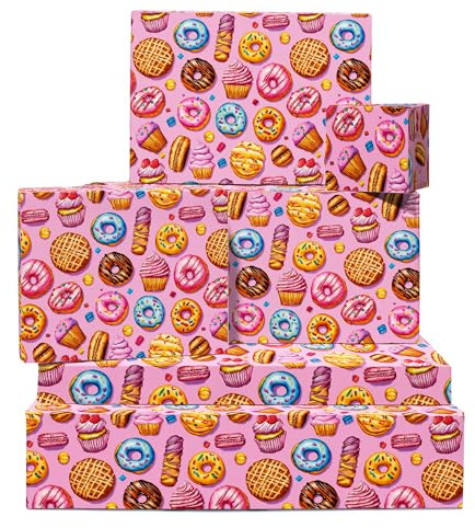 Geschenkpapier Mädchen zum Geburtstag – Schweißleckereien – Donut, Cupcake, Macaron – 6 Blatt Geschenkpapier – rosa Geschenkpapier für Frauen – mit Aufklebern – von Central 23