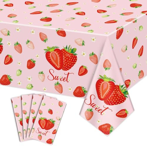 Erdbeer-Tischdecken, Sweet One, rechteckige Erdbeer-Tischdecken, Erdbeer-Tischdecken, Geburtstagsparty-Zubehör für Kinder, Mädchen, Geburtstag, Babyparty, Sommer, Obstparty, 220 x 130 cm, 4 Stück