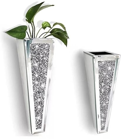 Biznest Set of 2 Elegant Wall-Hung Flower Vase with Silver Crushed Diamonds for Home Décor Modern Decorative Floral Vase for Living Room, Bedroom, and Entryway, 28.45x8.89cm