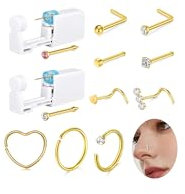 WillTen 12Pcs Nasenpiercing Selber Stechen Set mit 20G L Form Stecker, 2Pack Nasenpiercing Pistole mit Gold Ring Stechen Set