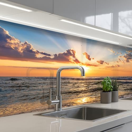 KitchenYeah© Spritzschutz Küche Küchen Rückwand Küchendeko Wand Wandschutz | 60x200 cm - Selbstklebend Backsplash Kitchen Peel And Stick Strand - Sonnenuntergang - Meer - Wolken - Horizont