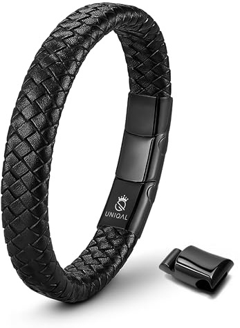 UNIQAL | Lederarmband Herren FEATHER Mens Bracelet | Edelstahl, Echtleder | Etui Box Gratis (Destiny Black, 21.00, Zentimeter)